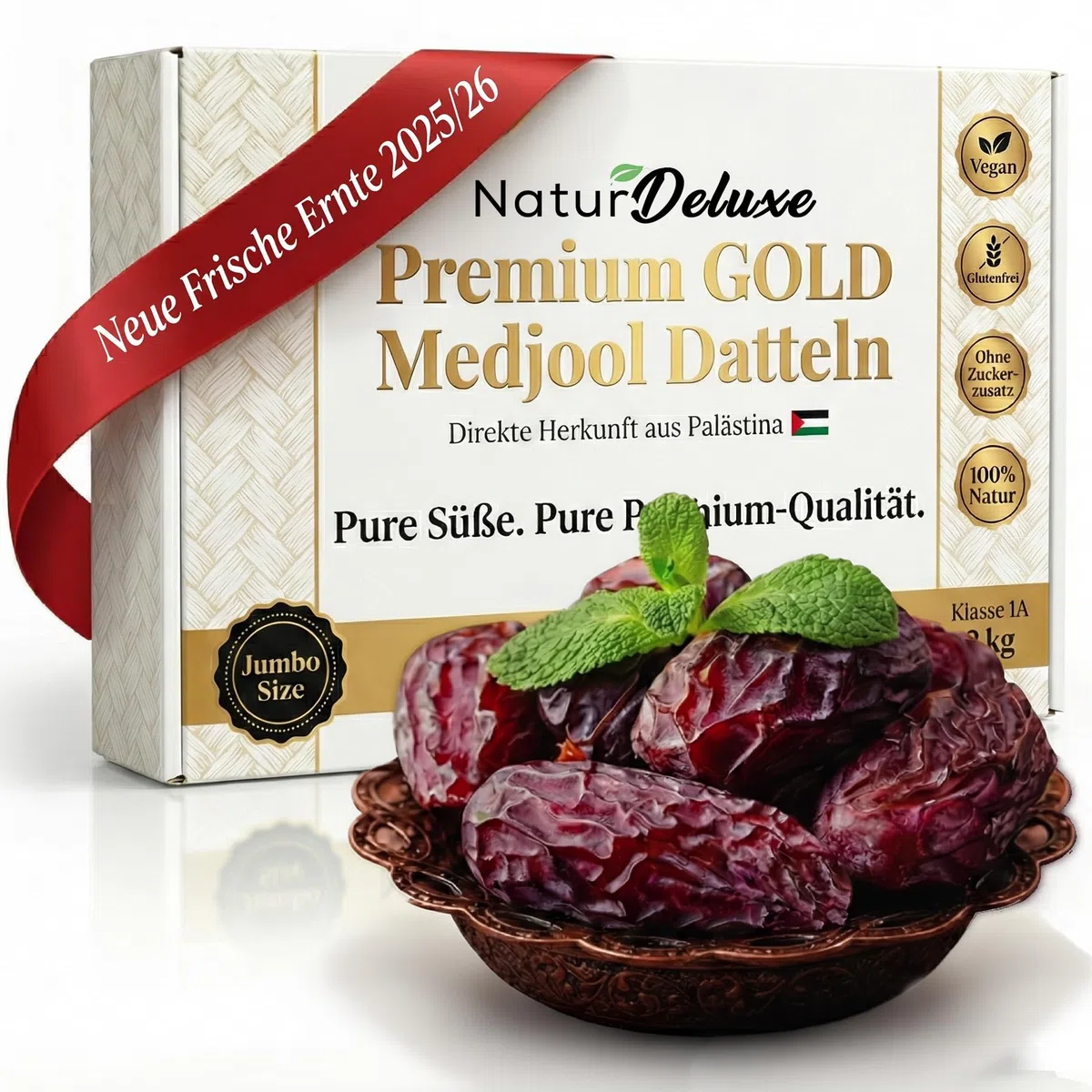 Premium GOLD Medjoul Datteln JUMBO – Extra Große Medjool Dates aus Palästina – Neue Ernte 2025/26 – Ohne Zuckerzusatz – Vegan & Glutenfrei – 100% Natur (1 kg)