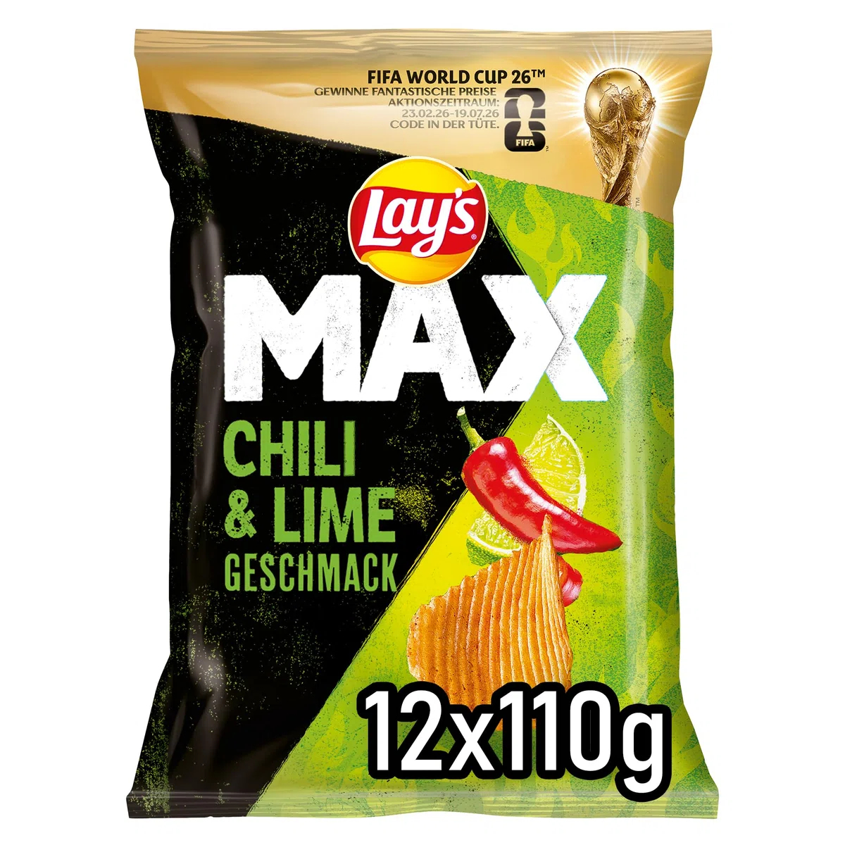 Lay's Max Lay's Max Chili & Lime Geschmack – Knusprige Kartoffelchips für eine gelungene Party (12 x 110 g) (Verpackungsdesign kann abweichen)