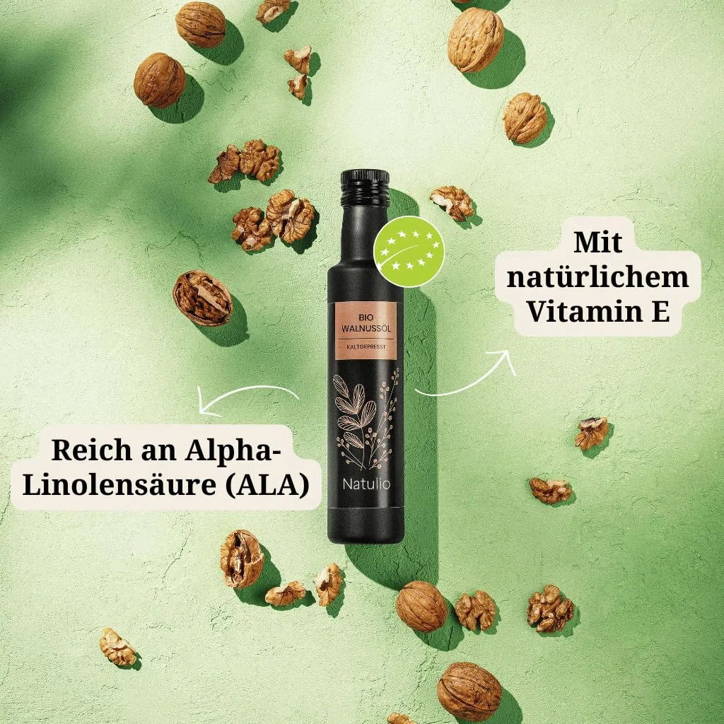 Natulio Walnussöl Bio kaltgepresst 250ml - zur Ernährung sowie zur Haarpflege geeignet - sehr reich an Linolsäure - zertifiziert nach DE-ÖKO-006