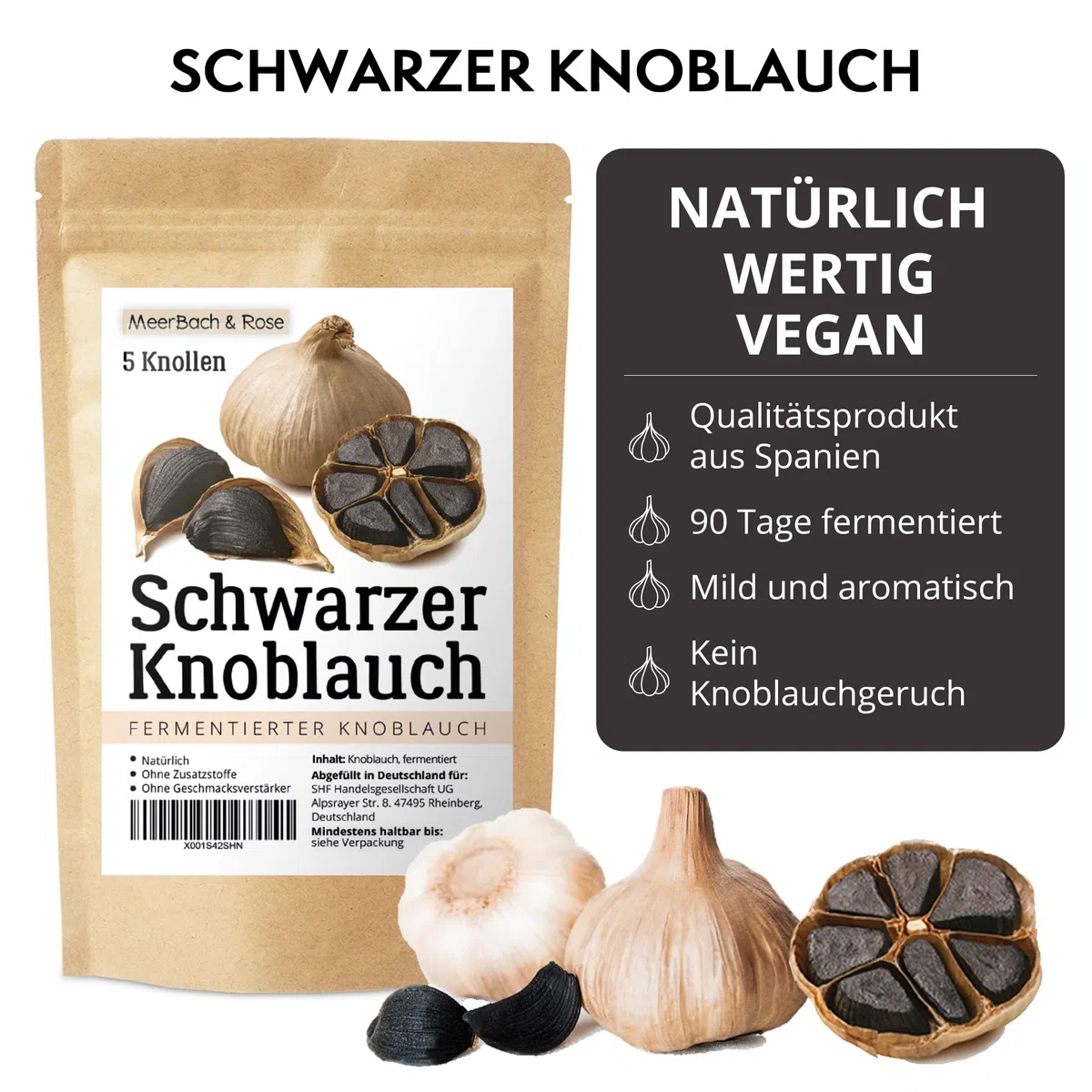 Schwarzer Knoblauch fermentiert aus Spanien, 5 große Knollen fermentierter Knoblauch, Black Garlic, 90 Tage fermentiert, mild und vielseitig zu verwenden und genießen.