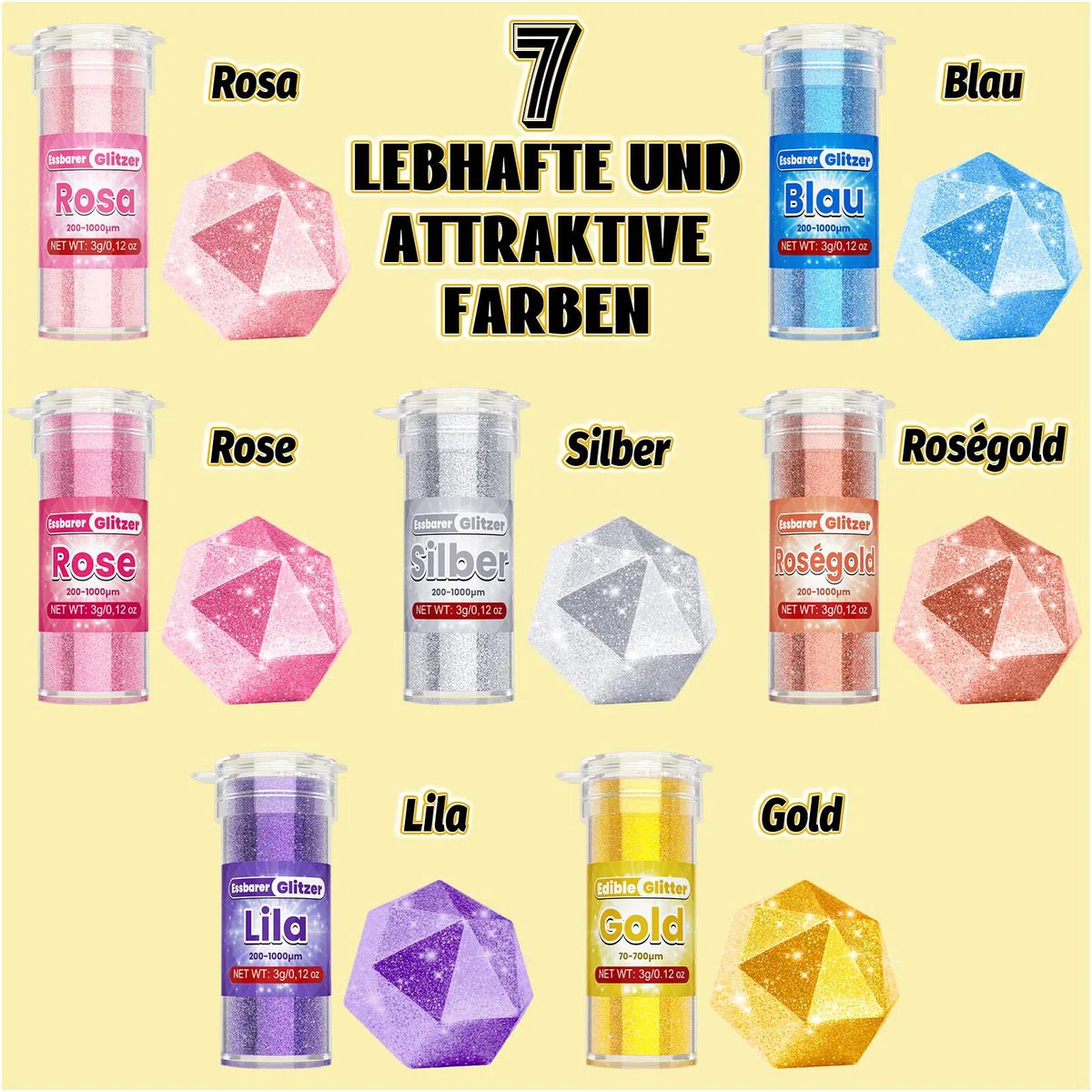 Essbarer Glitzer - 7 Lebendige Lebensmittelfarbe Pulver (je 3g), Geschmacksneutrales Glitzer Essbar, Edible Glitter for Drinks, Glitzerpulver für Kuchen, Macarons, Krapfen, Fondant, Cupcake