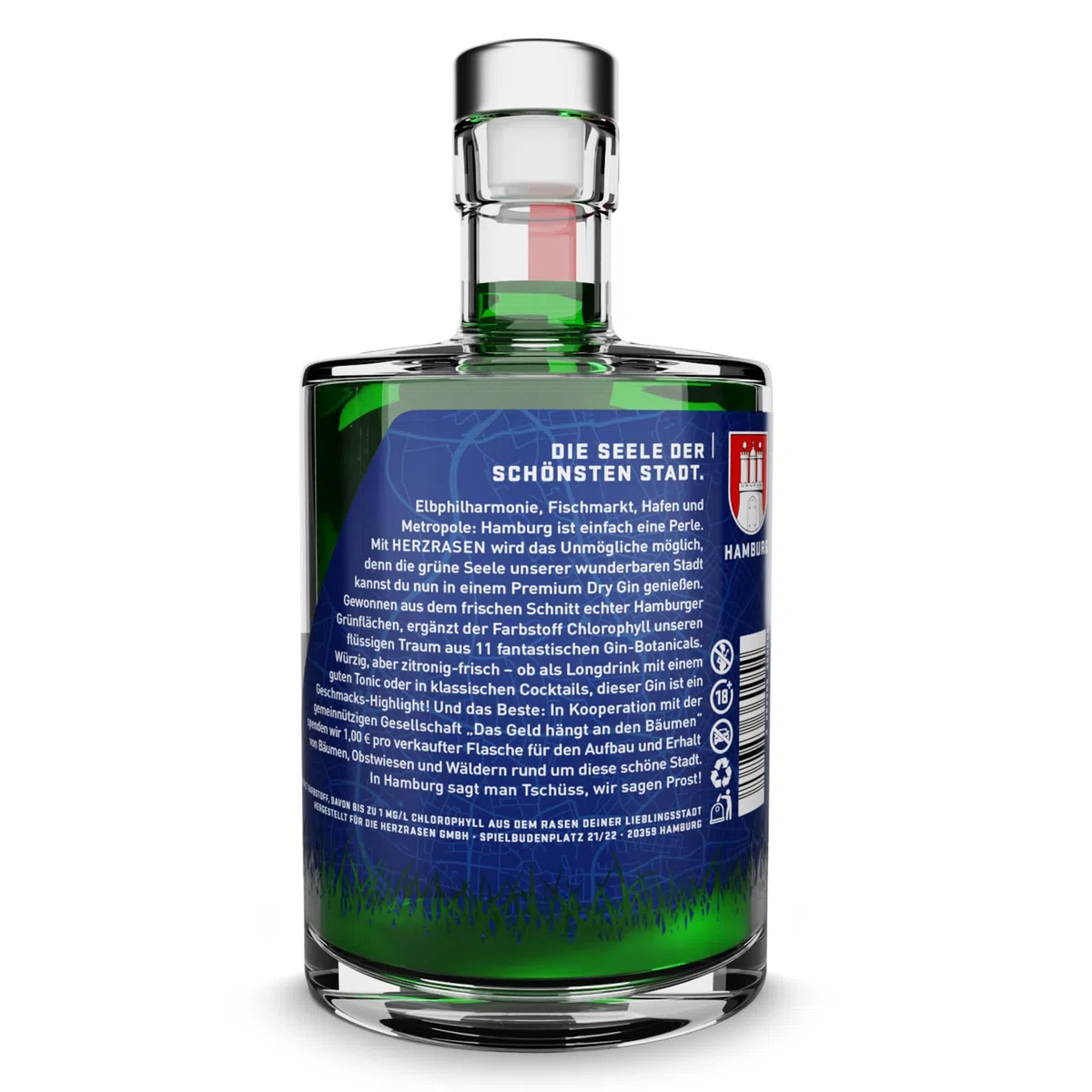 HERZRASEN GIN Hamburg Edition 0,5l | Premium Dry 42% Vol. | Grüner Schnaps mit Hamburger Rasen | zitronig spritzig mit ausgewählten Zutaten I Gin Geschenkset zum Geburtstag