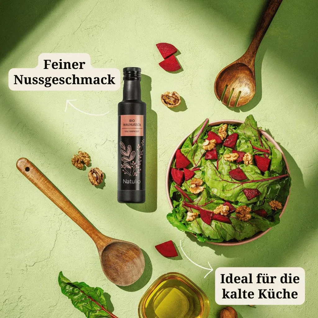 Natulio Walnussöl Bio kaltgepresst 250ml - zur Ernährung sowie zur Haarpflege geeignet - sehr reich an Linolsäure - zertifiziert nach DE-ÖKO-006