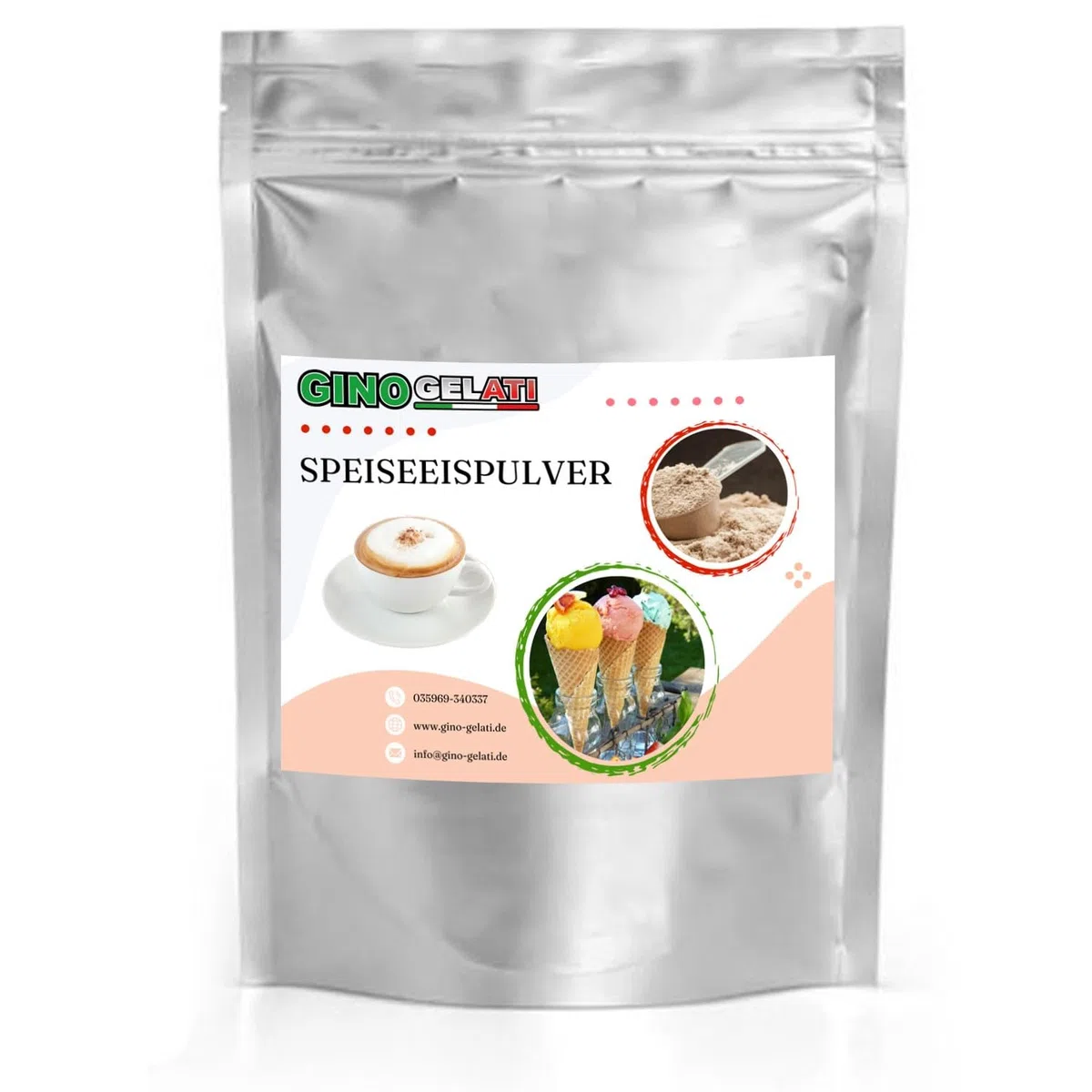 Gino Gelati Cappuccino Kaffee Eis Speiseeis Pulver 1 Kg, verschiedene Geschmackssorten, schnell und einfache Zubereitung, für Gastronomie und private Küche, Made in Germany