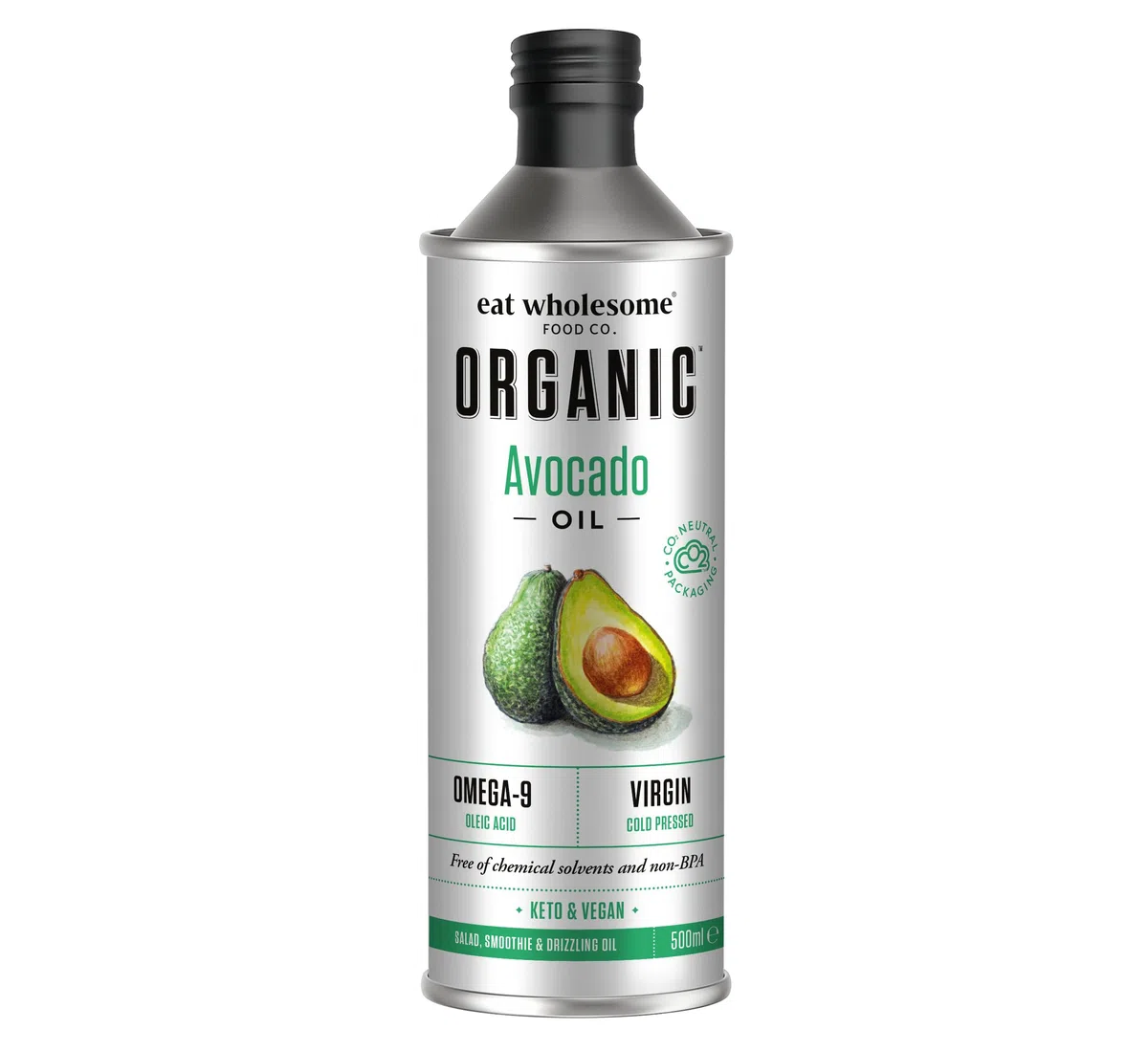 Eat Wholesome Bio-Avocado-Öl, 500ml - Kaltgepresst, Unraffiniert, Hohe Quelle An Omega 9, 100% Rein & Natürlich, Reich An Einfach Ungesättigten Fetten, Hoher Rauchpunkt, Vegan
