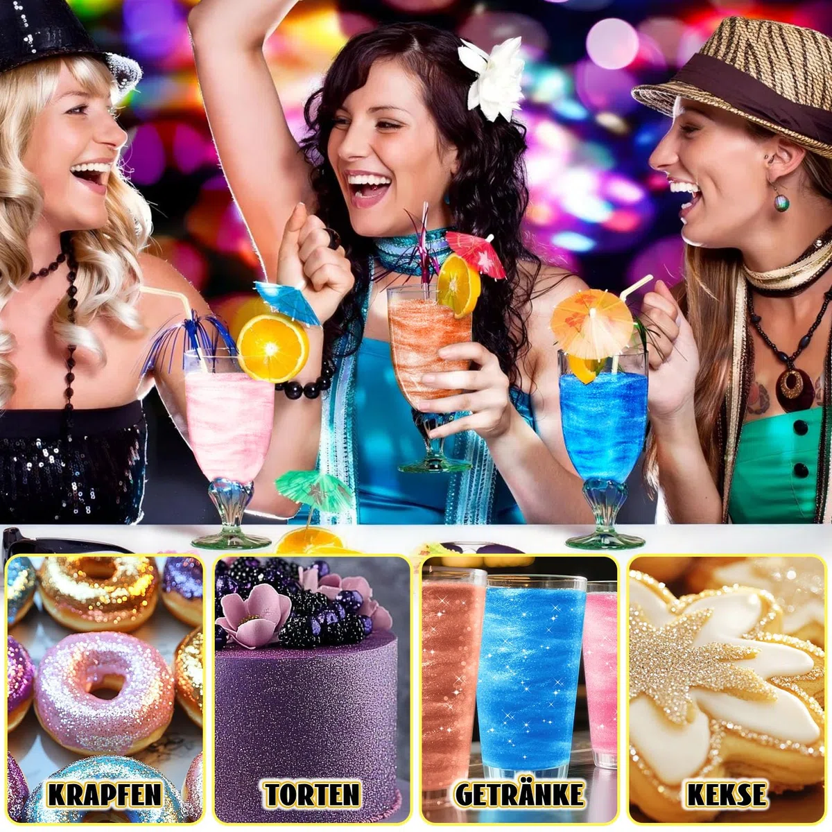 Essbarer Glitzer - 7 Lebendige Lebensmittelfarbe Pulver (je 3g), Geschmacksneutrales Glitzer Essbar, Edible Glitter for Drinks, Glitzerpulver für Kuchen, Macarons, Krapfen, Fondant, Cupcake