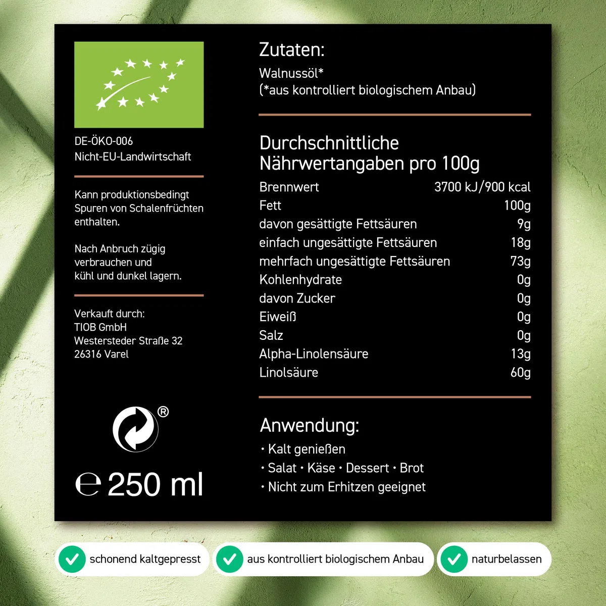 Natulio Walnussöl Bio kaltgepresst 250ml - zur Ernährung sowie zur Haarpflege geeignet - sehr reich an Linolsäure - zertifiziert nach DE-ÖKO-006