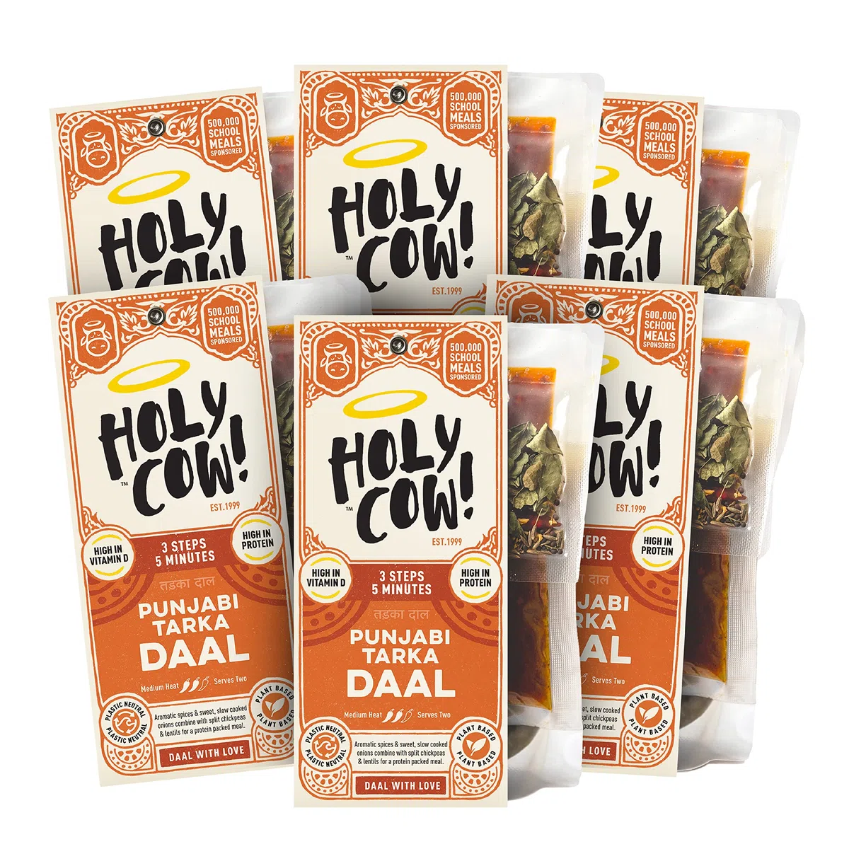 Holy Cow! Daal Lentil Curry-Set (5 x 400 g) Punjabi Tarka Daal, glutenfreies, veganes Curry-Set, indische Fertiggerichte, geteilte Kichererbsen und rote Linsen.