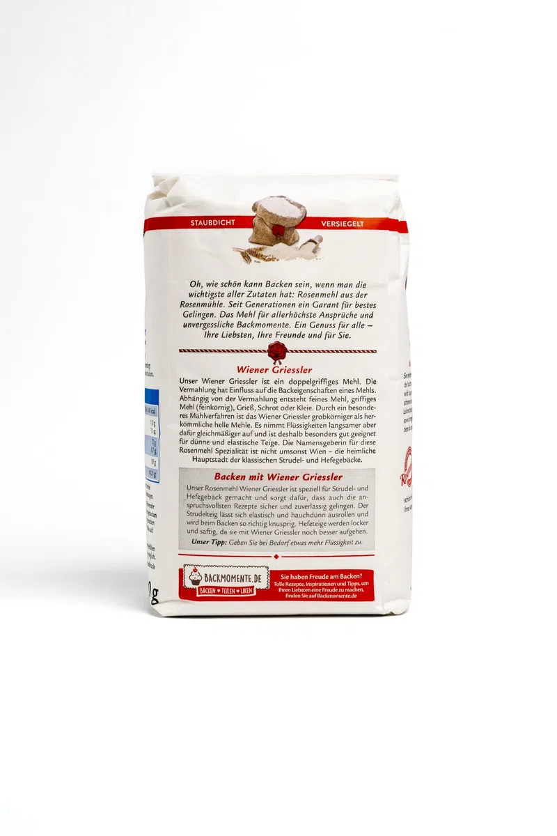 Rosenmehl - 5er Set Premium Wiener Griessler Doppelgriffiges Weizenmehl 1000 g - Ideal für Strudelteig und Hefegebäck - Feinkörnig dank besonderem Mahlverfahren - Mehl für elastische Teige