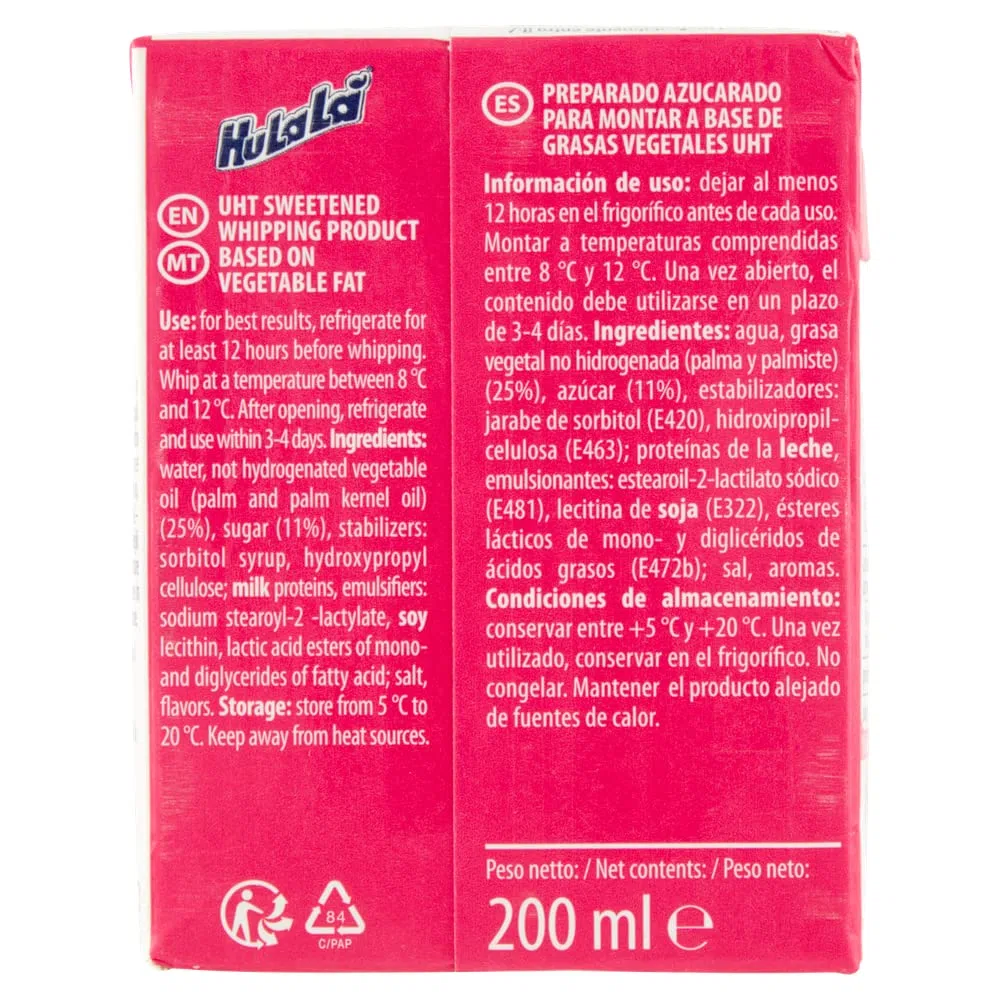 12x Hulalà Panna da montare zuccherata gesüßtes Süßwarenprodukt Sahne zu montierendes 200ml laktosefrei und frei von gehärtetem Fett Italienisches Produkt basierend auf pflanzlichen Fetten