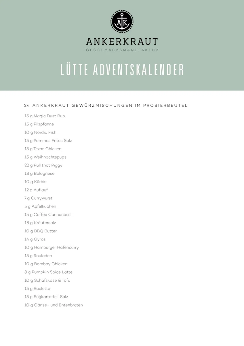 Ankerkraut "der Lütte" Adventskalender 2025, der perfekte Probier-Kalender mit 24 kleinen Gewürz-Überraschungen, 24 Türchen zum Öffnen, Gewürze-Ideen, Adventskalender für Frauen, Männer, Div.