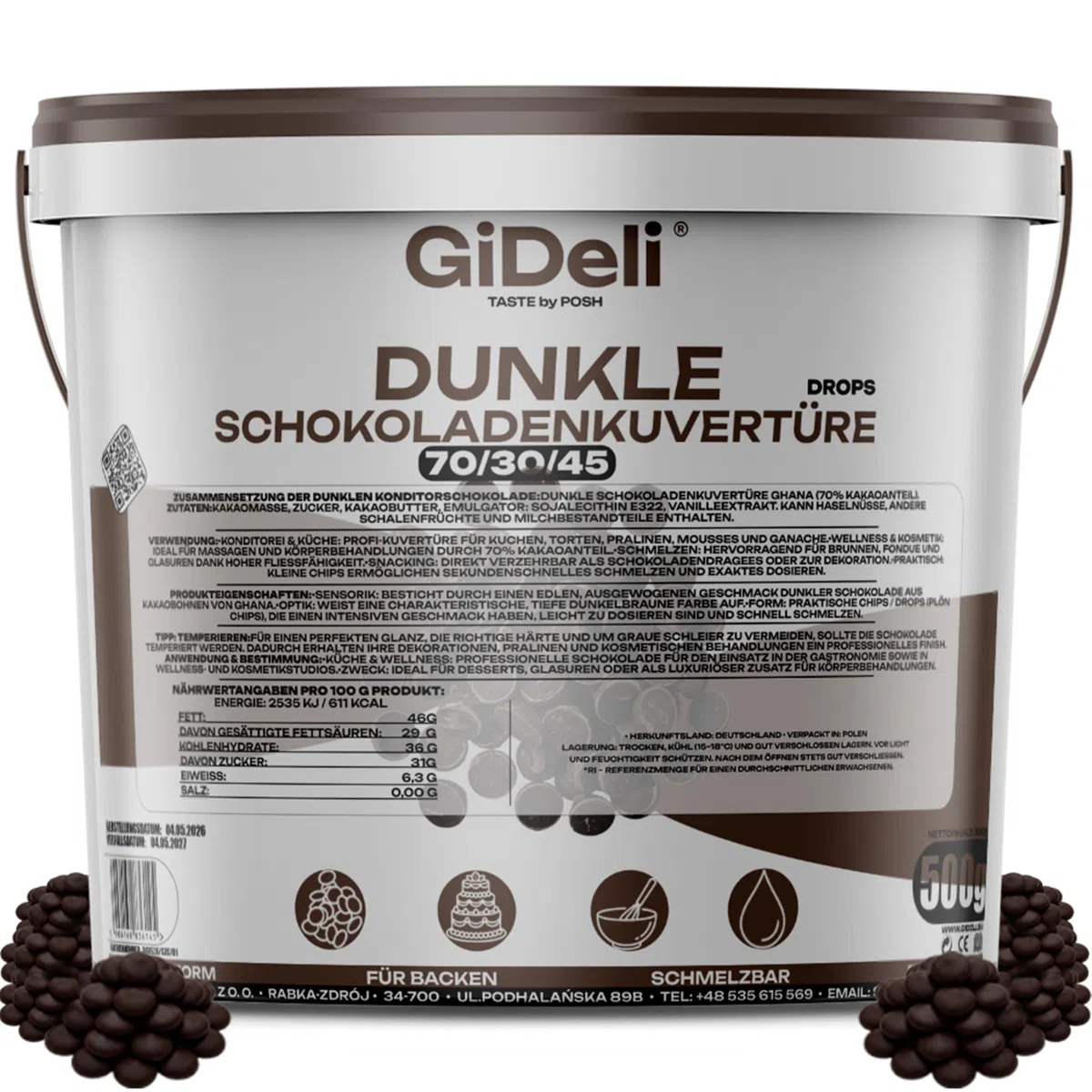 GiDeli Dunkle Schokoladenkuvertüre 70% Drops 500g im Eimer - Professionelle Zartbitterschokolade zum Temperieren - Kakao aus Ghana - Fließfähigkeit 45 - Ideal für Torten, Pralinen & Ganache