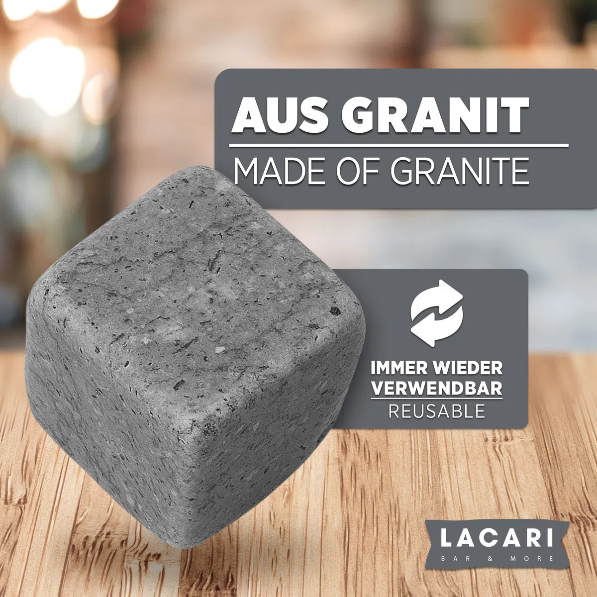 Whisky Steine | 9X Wiederverwendbare Eiswürfel | Lacari ORIGINAL Whiskey Steine | Whisky Geschenkset mit Holzbox, Zange & Stoffbeutel | Kein Verwässern für Whiskey, Rum, Gin | Geschenk Geburtstag
