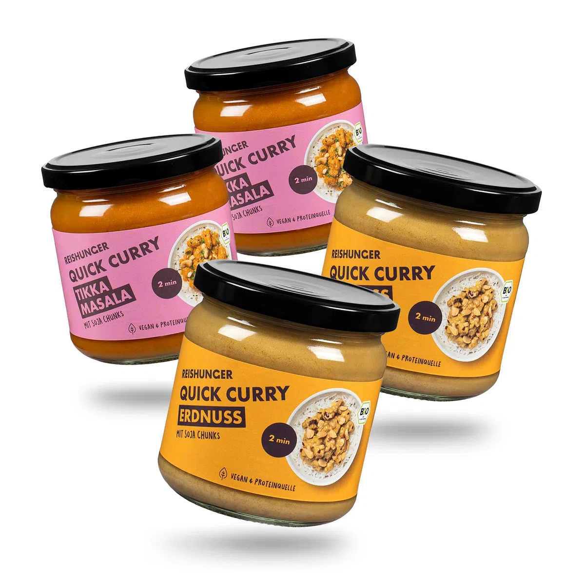 REISHUNGER Bio Quick Curry Probier Set - 4 x 320 g - Veggie Chunks in Sauce im 4er Probier Set - 1-2 Portionen, fertig in nur 2 Minuten - Vegane Proteinquelle in Bio-Qualität
