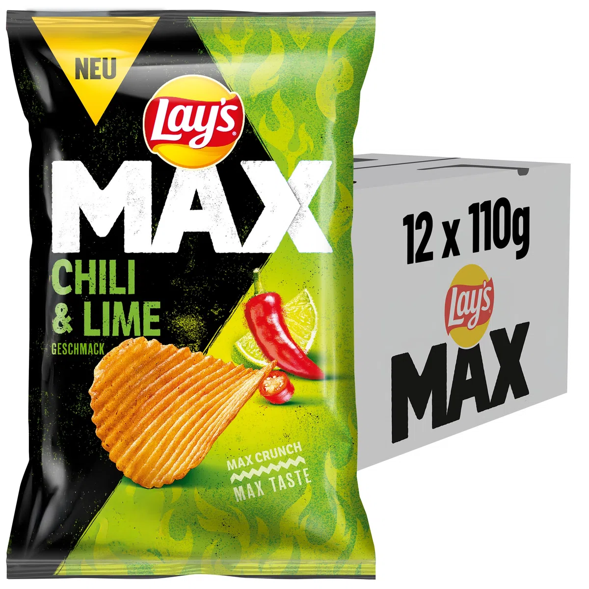 Lay's Max Lay's Max Chili & Lime Geschmack – Knusprige Kartoffelchips für eine gelungene Party (12 x 110 g) (Verpackungsdesign kann abweichen)