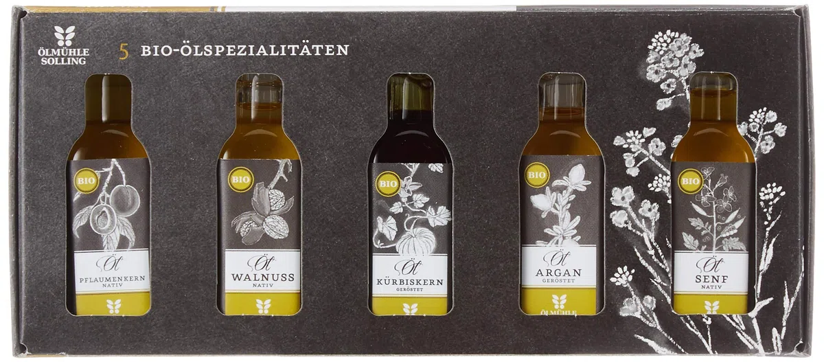 Ölmühle Solling Geschenkset NO. 2 kernige und nussige Öle, BIO - Arganöl geröstet, Kürbiskernöl geröstet, Pflaumenkernöl, Senföl, Walnussöl