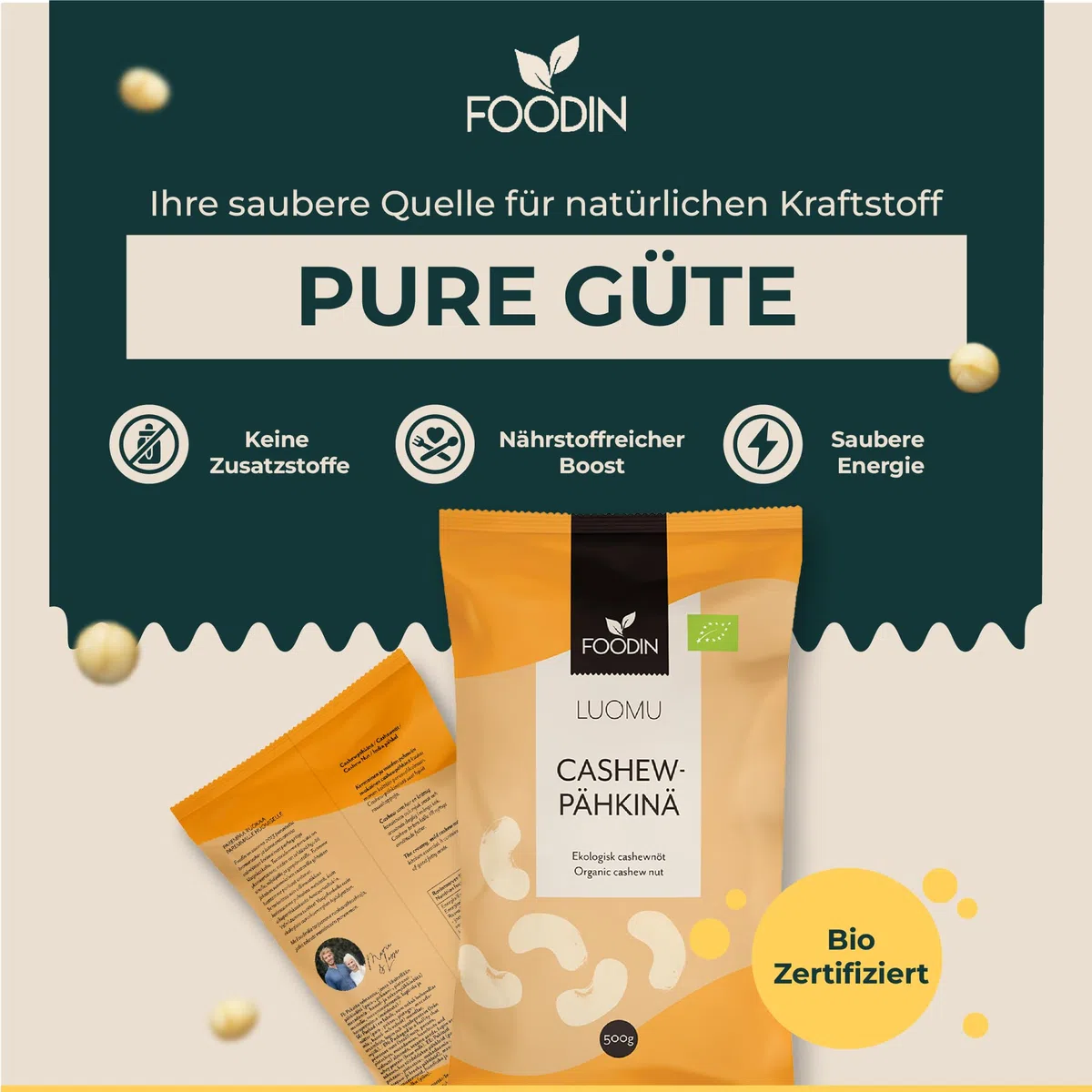 FOODIN Cashewnüsse Bio, 2x500g ganze Cashewnüsse, gute Quelle für Eiweiß & ungesättigte Fette, 100% aus biologischem Anbau, glutenfreier und veganer Snack, (2x500g)