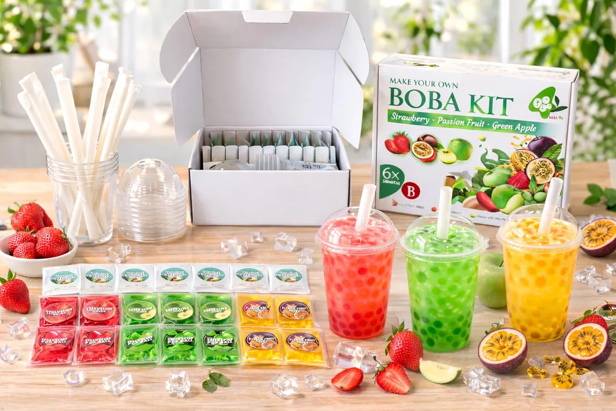 Bobo4T Bubble Tea SET B – Erdbeer-, Grüner Apfel- & Passionsfrucht Bobas + Fruchtsirup | Komplett Set für 6 Drinks | Einzeln verpackt für maximale Frische | Jasmin Grüner Tee Pulver