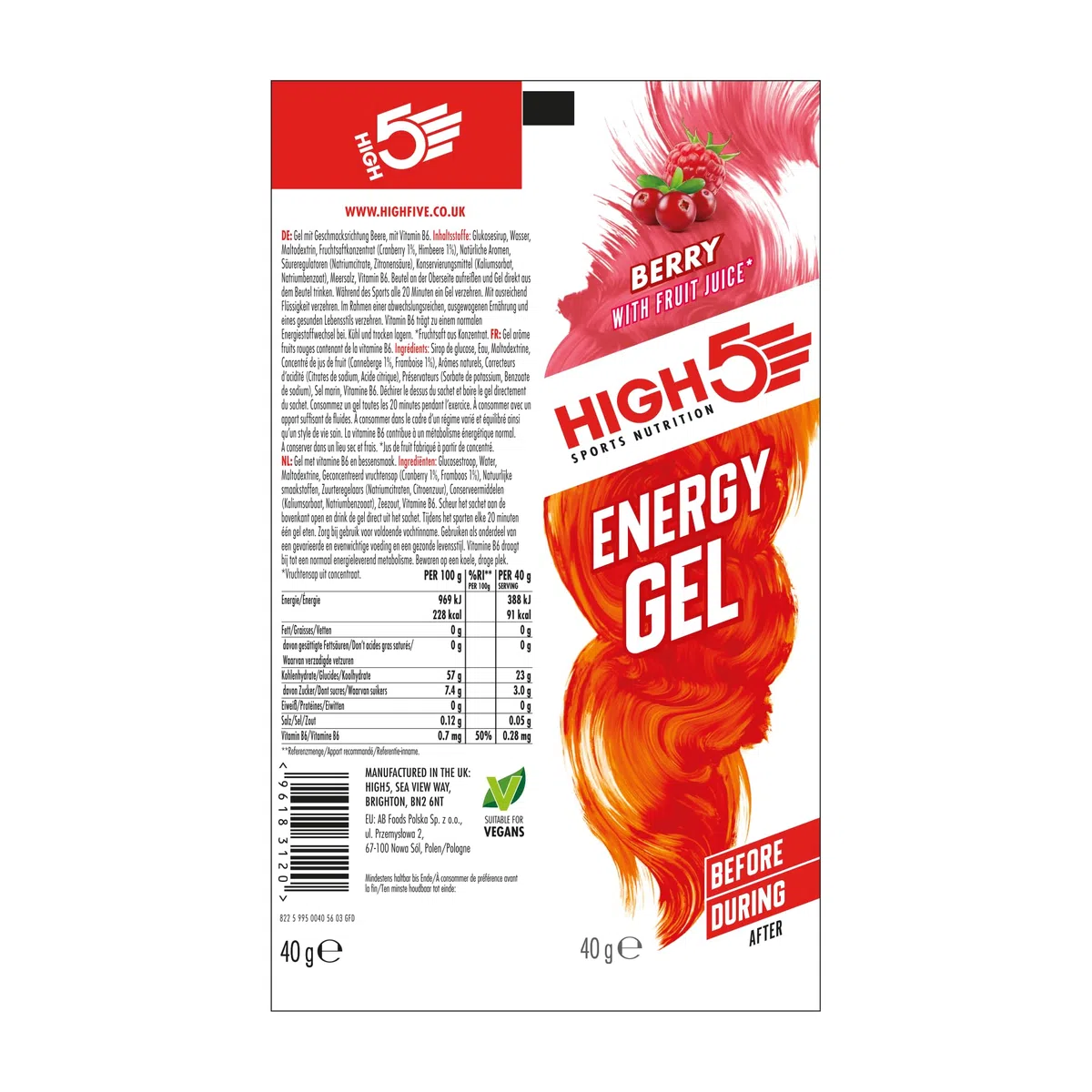 HIGH5 Energy Gels - Schnelle Energiezufuhr mit Sport Gel für Spitzenleistung - Mit natürlichem Fruchtsaft, koffeinfrei - Energie Gel für Laufen, Running, Radsport, Ausdauer (Beere, 20 x 40g)