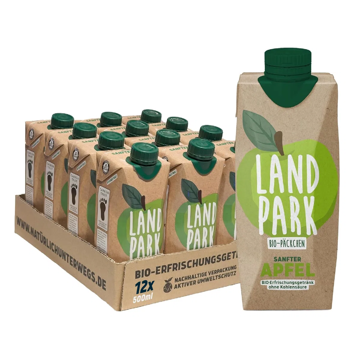 Landpark Bio-Erfrischungsgetränk Sanfter Apfel, 12 x 0,5 L im Tetra Pak | natürliches Mineralwasser aus Bio-Quelle mit Apfelgeschmack | ohne Kohlensäure | To Go | Wasser mit Geschmack | pfandfrei