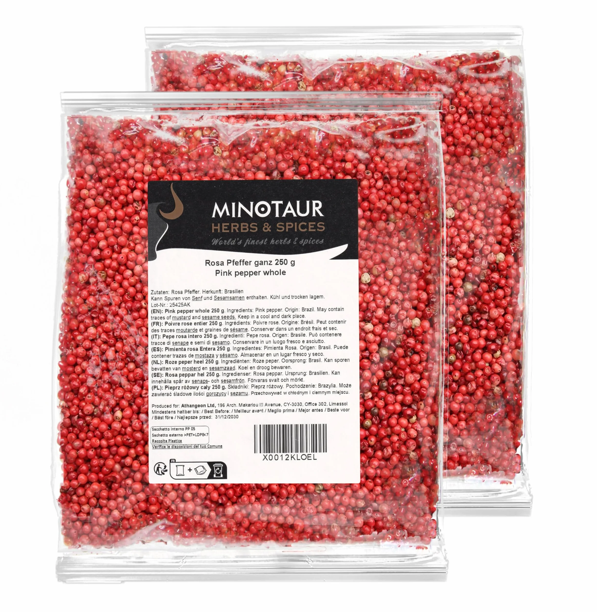Minotaur Spices | Rosa Pfeffer ganz, 2 x 250g (500g) Pfefferkörner rosa Beeren