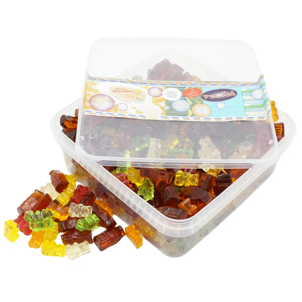 Deine Naschbox | Zuckerfreier Fruchtgummi 2er Mix#1 | 1kg Naschbox | XL Großpackung - Party, Candybar & als Geschenk - Bunte Bärchen - Cola Fläschchen