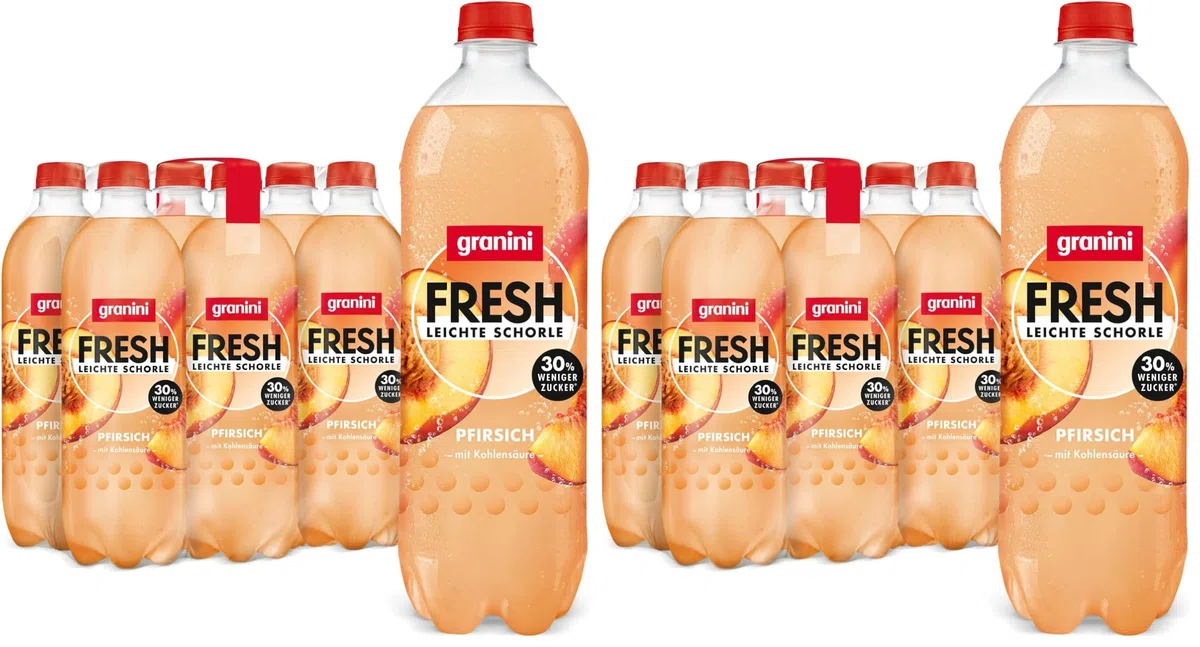 granini FRESH Pfirsich (6 x 0,75l), Pfirsich-Erfrischungsgetränk, mit Kohlensäure, echte Früchte, wenig Kalorien, ohne Süßungsmittel, vegan (Packung mit 2)