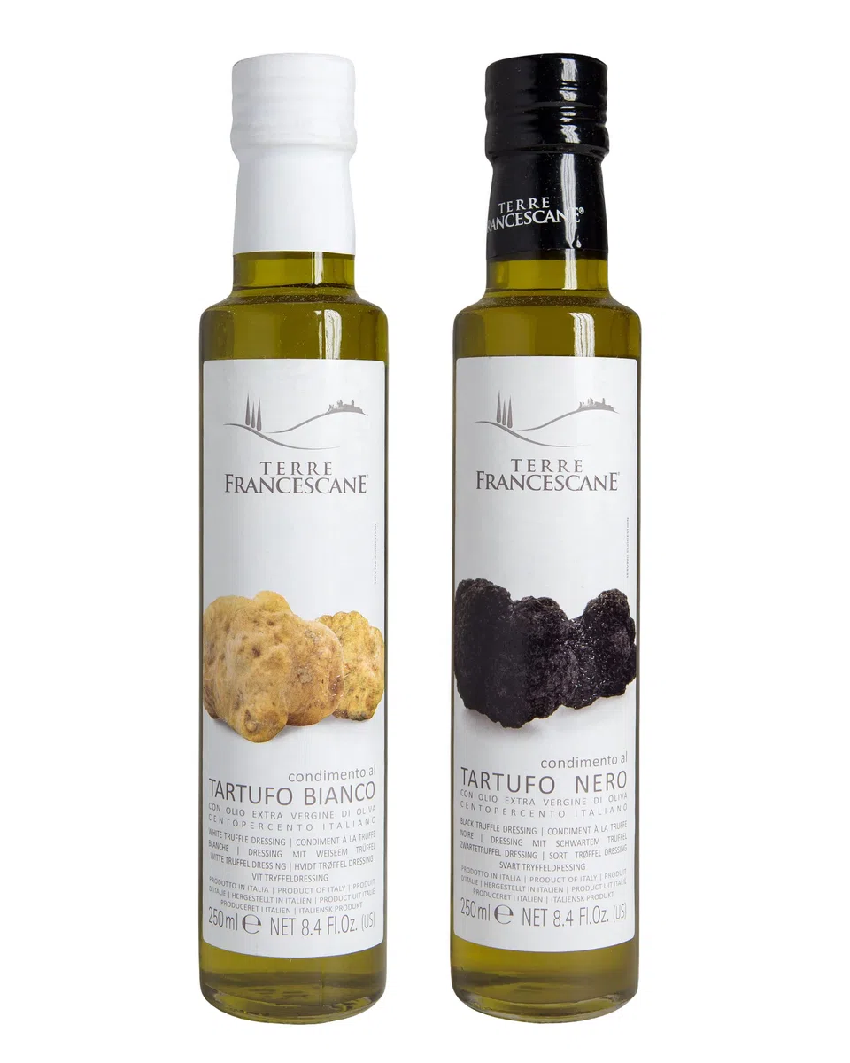 2er Probier-Paket Terre Francescane - Trüffel-Öl - Extra Natives Olivenöl mit dem Aroma von schwarzen und weißen Trüffeln aus Italien (je 250 ml) ideal zum Verfeinern von Speisen - ideal als Geschenk