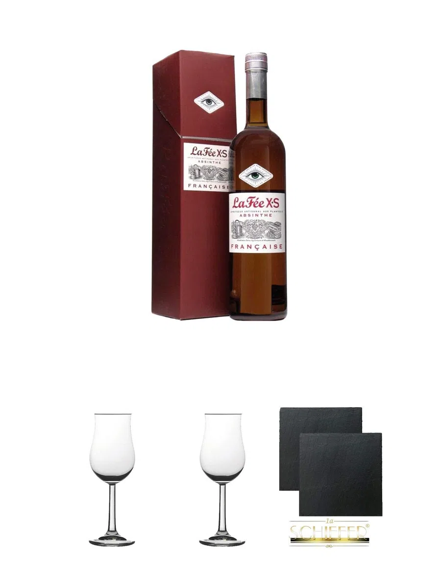 La Fee Absinth XS Francaise 0,7 Liter + 2 Bugatti Nosing Gläser mit Eichstrich 2cl und 4cl + 2 Schiefer Glasuntersetzer eckig ca. 9,5 cm Ø