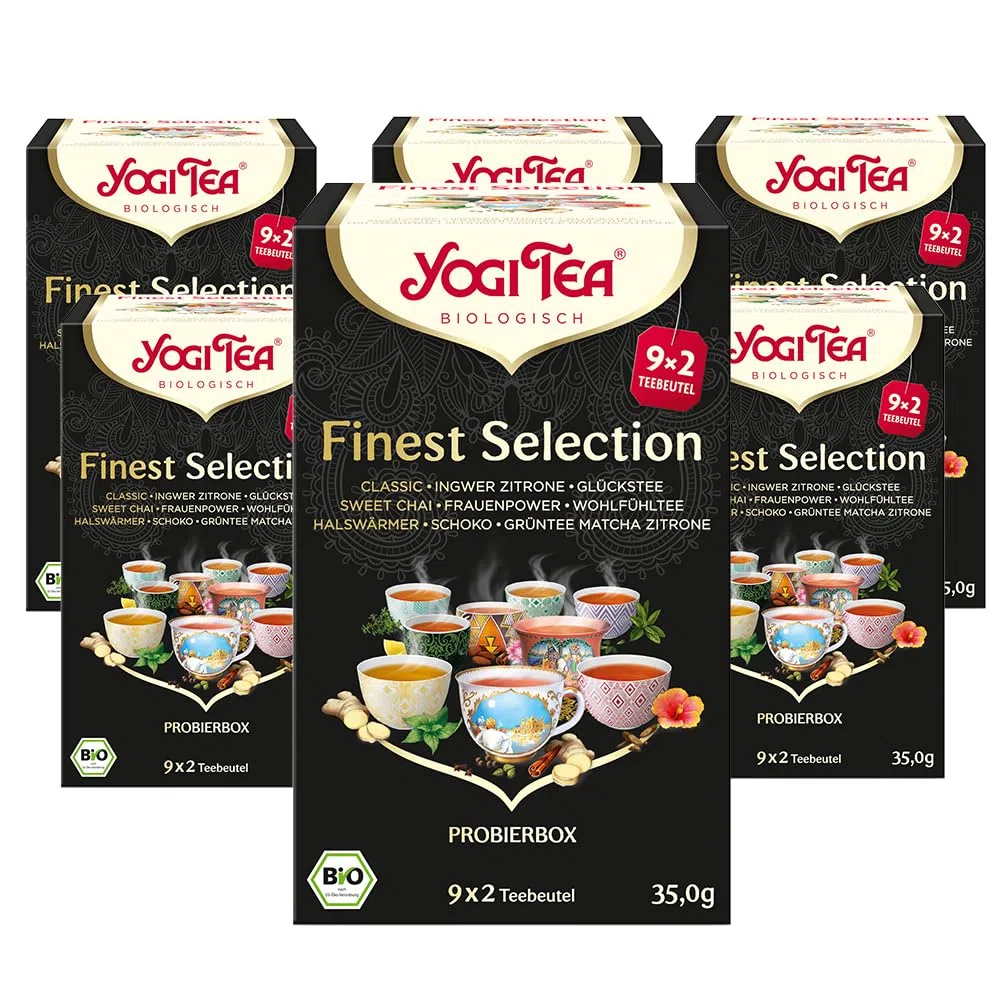 Yogi Tea Finest Selection - 9 Bestseller Teesorten: Classic, Ingwer-Zitrone, Glückstee, Sweet Chai, Frauen Power, Wohlfühl Tee, Halswärmer, Schoko und Grüntee Matcha Zitrone, 6x18 Beutel