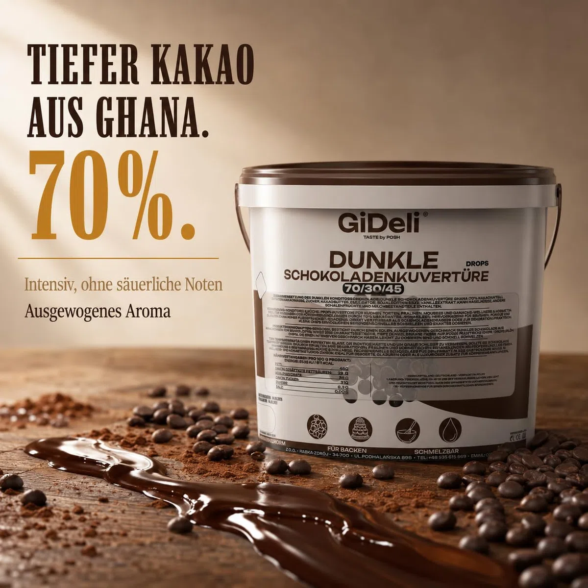 GiDeli Dunkle Schokoladenkuvertüre 70% Drops 500g im Eimer - Professionelle Zartbitterschokolade zum Temperieren - Kakao aus Ghana - Fließfähigkeit 45 - Ideal für Torten, Pralinen & Ganache