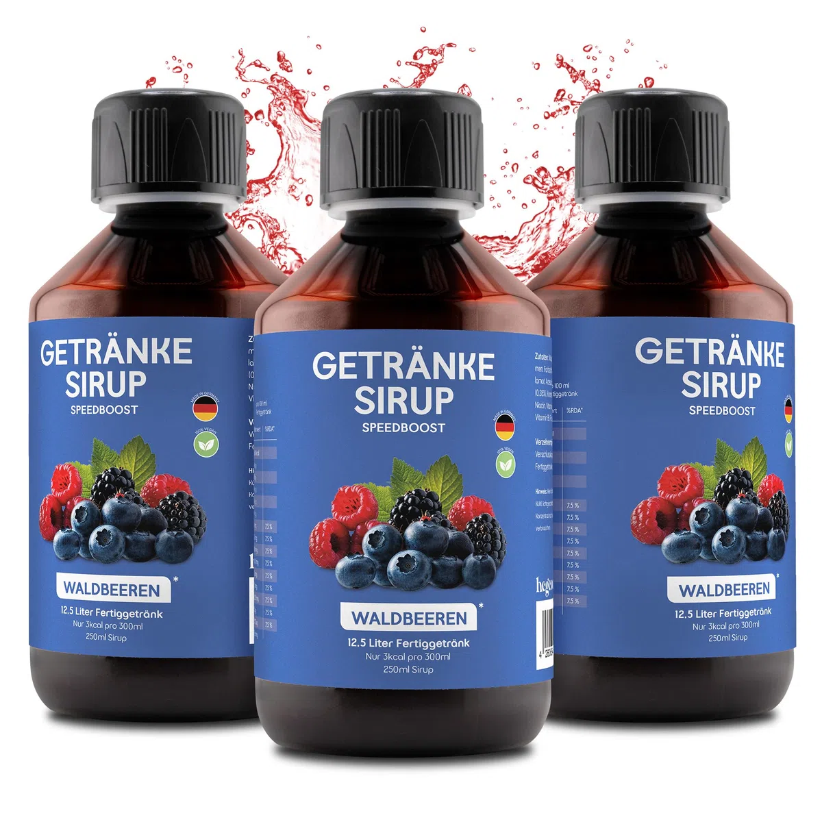hCGC SpeedBoost Getränkesirup Waldbeere – Sirup Zuckerfrei für 12,5L Fertiggetränk – funktionaler Immunbooster mit Vitaminen & L-Carnitin – vegan & kalorienarm Getränkekonzentrat – 3 x 250ml