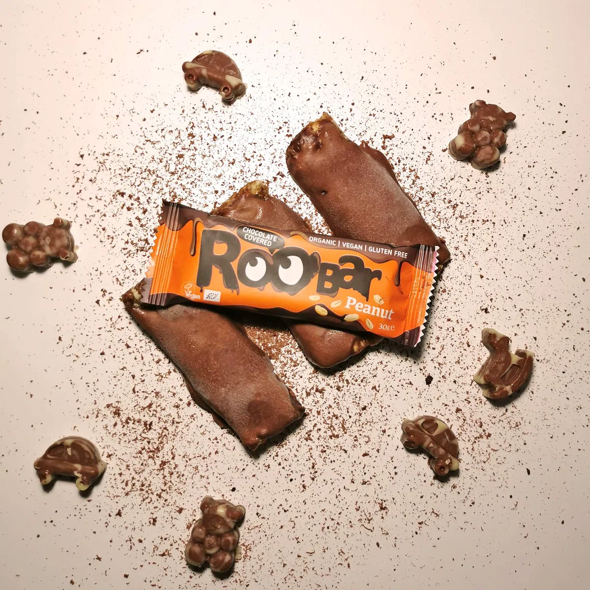 Roobar Erdnuss-Riegel mit Schokoladenüberzug – 100% Bio, Vegan, Fruchtriegel, milchfrei & glutenfrei, ohne raffinierten Zucker - 16 x 30g Riegel