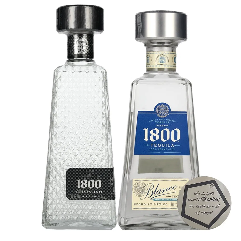 2 Flaschen 1800 Tequila | Cristalino 35% vol & Blanco 38% vol Set | Premium-Spirits & Cocktailklassiker | Jalisco, Mexiko | je 0,7 l | Agaven-Duo | inkl. LOVEVINO Silver Button Sticker