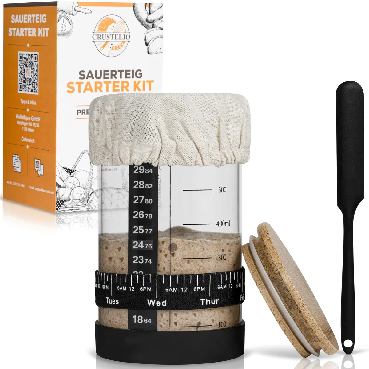 Sauerteig Starter Set, 700 ml Gärglas aus Borosilikatglas mit Spatel, Thermometer & Fütterungsband, Komplettes Sauerteig Starter Kit