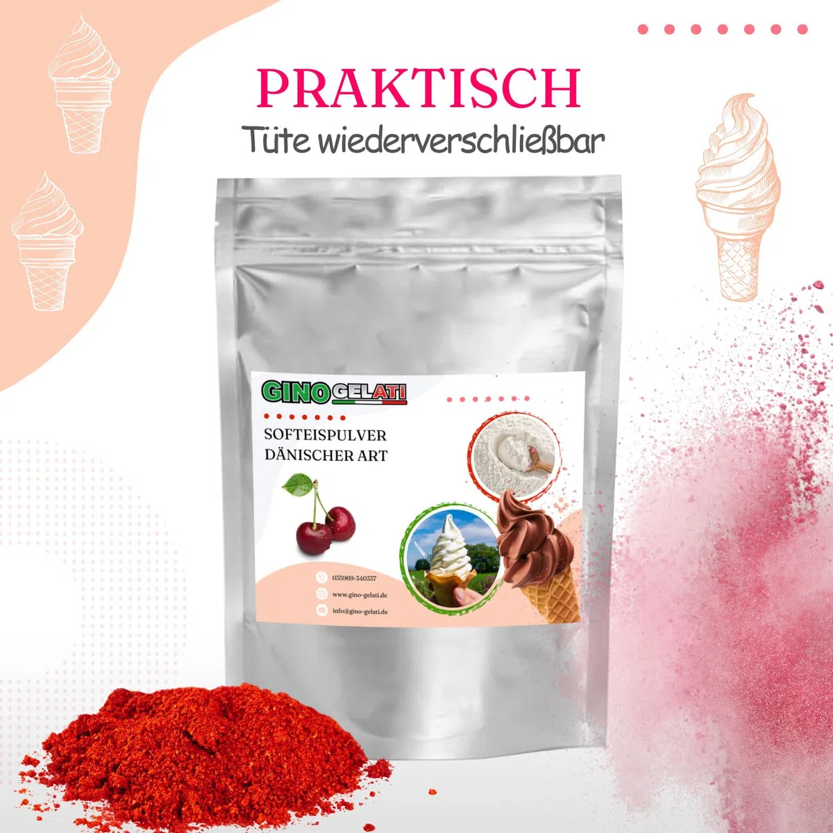 Gino Gelati Schoko Dänisches Softeis Pulver, verschieden Variante, Made in Germany, schnelle und einfache Zubereitung, Herstellung mit oder ohne Eismaschine möglich (333 g, Schoko)
