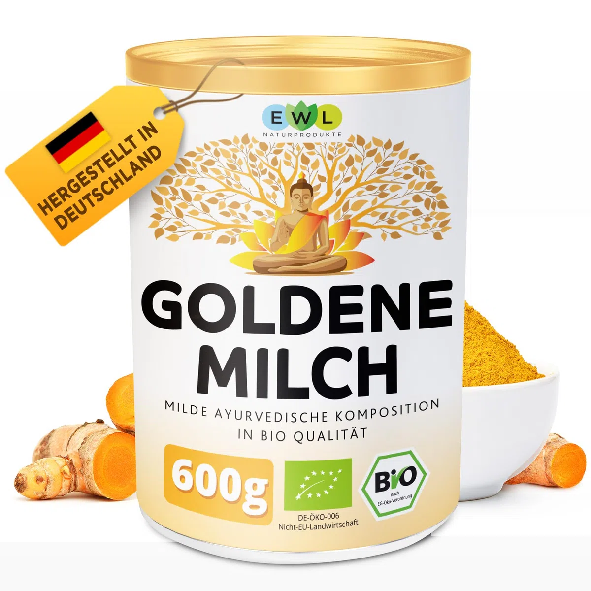 EWL BIO Goldene Milch 600g | Golden Milk mit Kurkuma & Ashwagandha | Dose | ergänzt durch Ingwer, Ceylon Zimt, Ceylon Pfeffer & Kokosblütenzucker I Kurkuma Latte bio mit Dosierlöffel