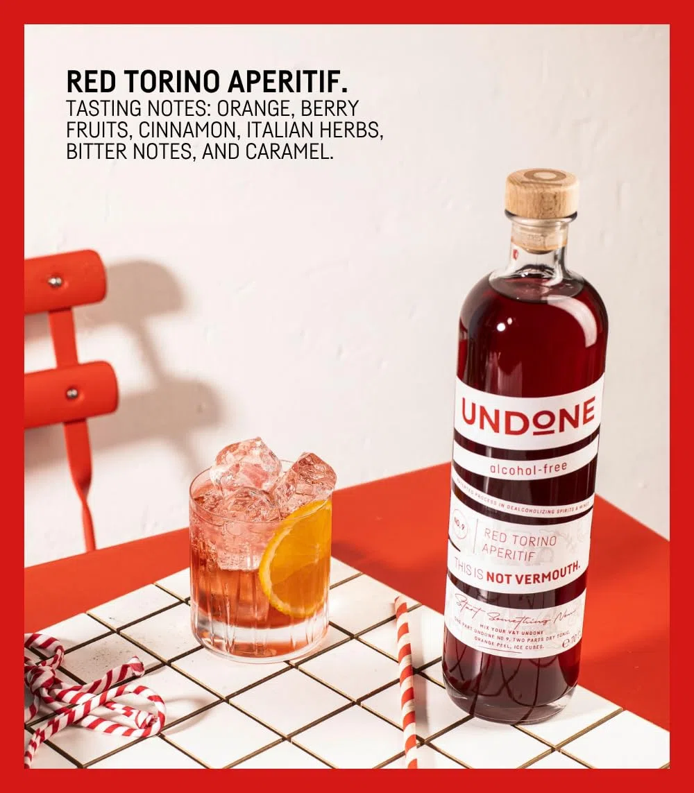 UNDONE No. 9 Red Torino Aperitif - Not Vermouth · 700ml · Alkoholfreier Vermouth Rosso mit authentischem Geschmack · Natürliche Inhaltsstoffe · <0,3% Alkohol