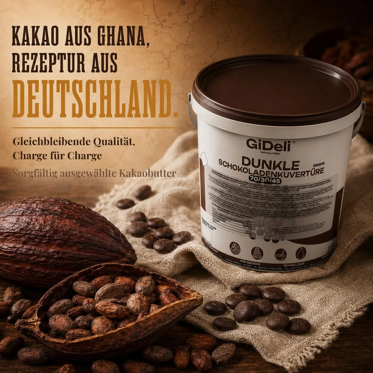 GiDeli Dunkle Schokoladenkuvertüre 70% Drops 500g im Eimer - Professionelle Zartbitterschokolade zum Temperieren - Kakao aus Ghana - Fließfähigkeit 45 - Ideal für Torten, Pralinen & Ganache