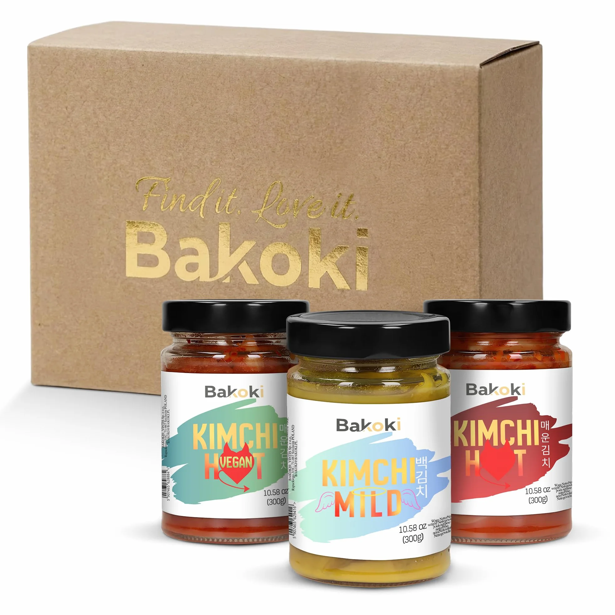 Bakoki Kimchi‑Set 3×300 g – Hot (Gochugaru) · Hot Vegan · Mild (Baek mit Kurkuma) – traditionell fermentiert, probiotisch, inkl. veganer Variante, ohne künstliche Zusätze - 3er Pack