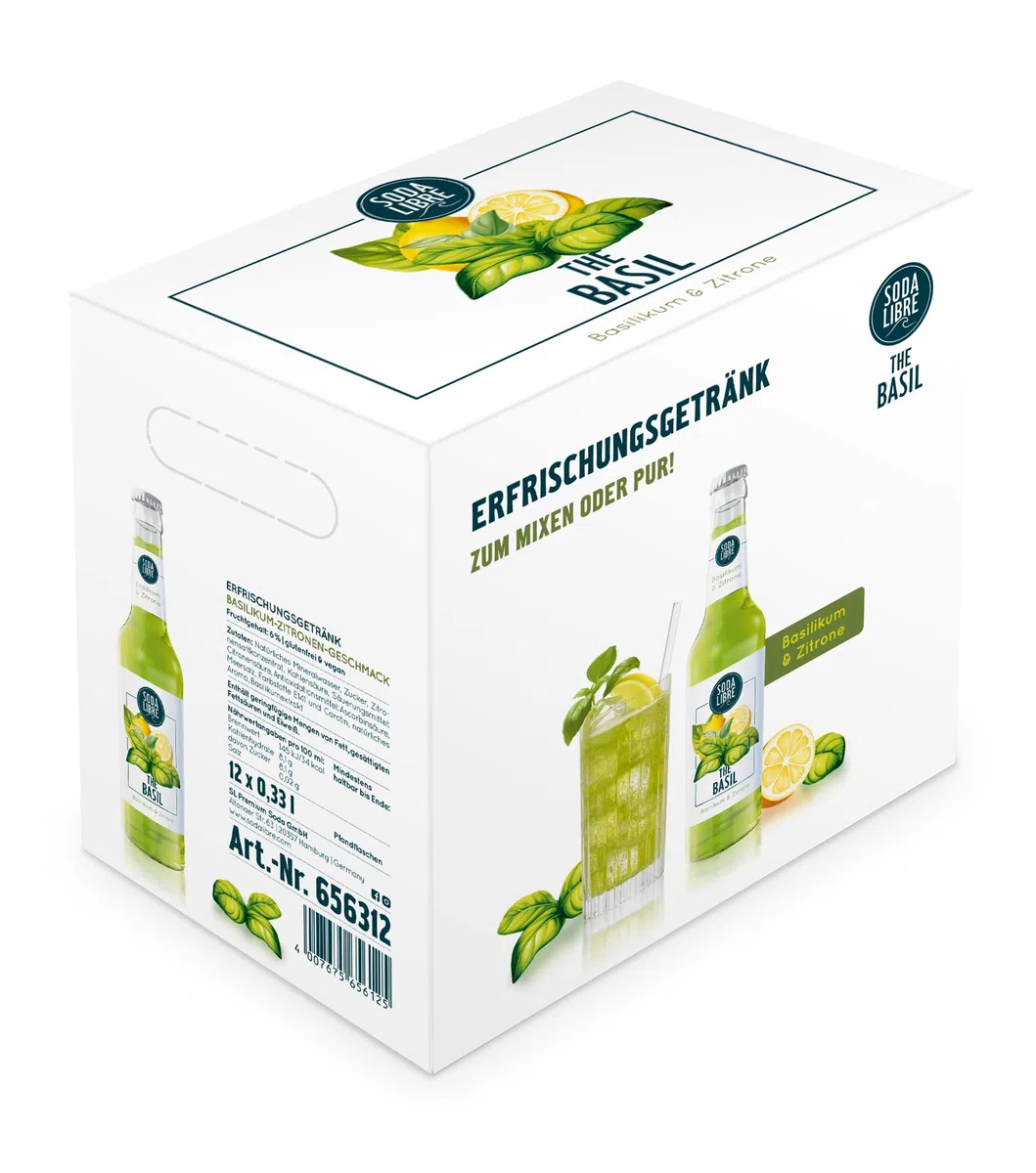 Soda Libre | The Basil | Alkoholfreies Erfrischungsgetränk | Basilikum und Zitrone | 6% Fruchtgehalt | Perfekt als Filler mit Gin | 12 x 330ML