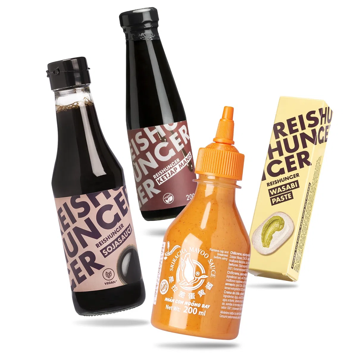 REISHUNGER Sushi Saucen Set - inkl. Sojasauce, Sriracha Mayo, Teriyaki Sauce & Wasabi Paste