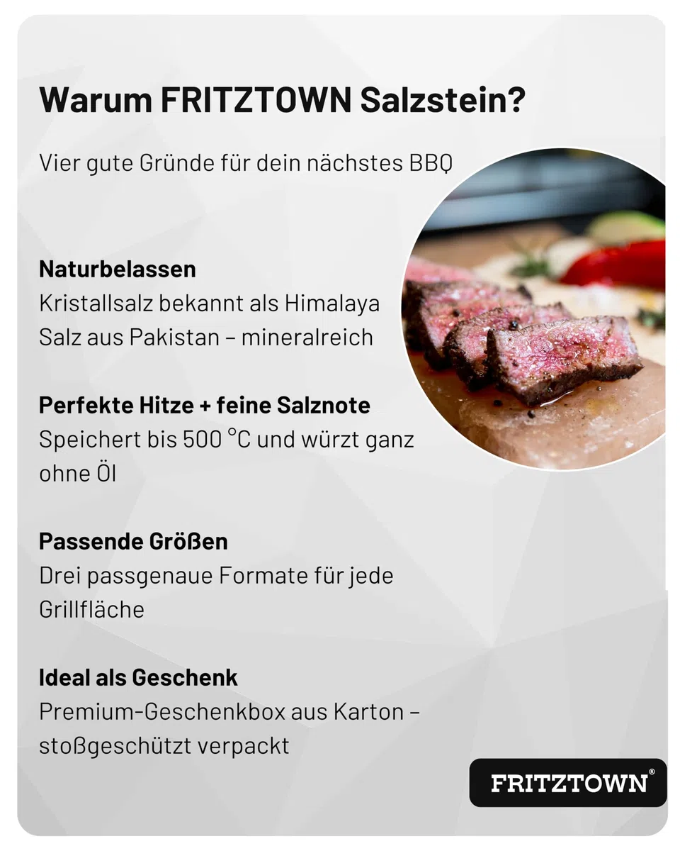 Deluxe Grill Salzstein - 2er Set 20x20x2,5 cm - Feiner Geschmack durch Kristallsalz - Exklusive Geschenkbox inkl. Gebrauchsanweisung