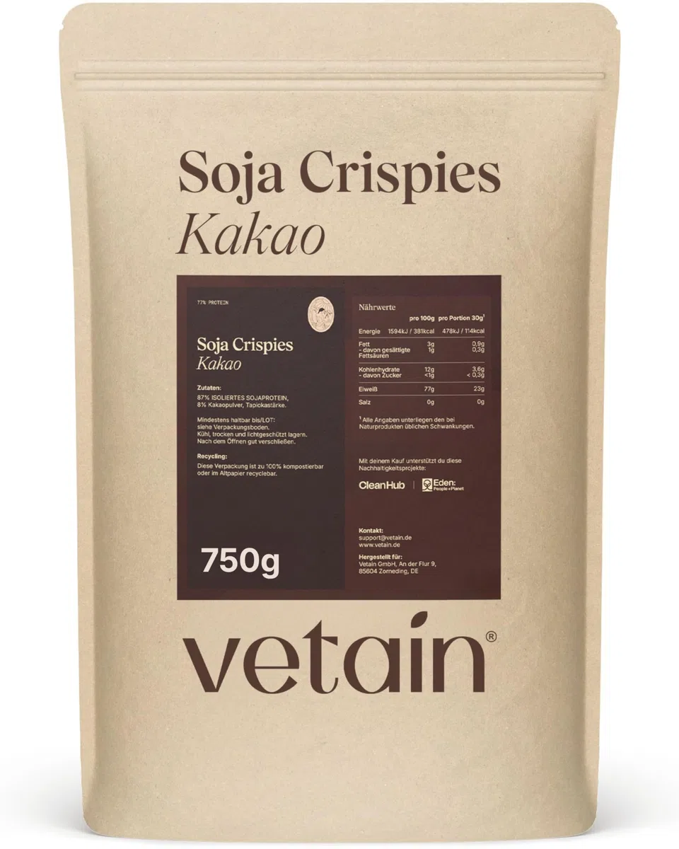 VETAIN Soja Crispies Kakao - 750g - 77% Proteingehalt - Vegan - Ohne Zucker & laktosefrei - Sojaprotein ideal als Topping oder proteinreiche Snackalternative - produziert in Deutschland