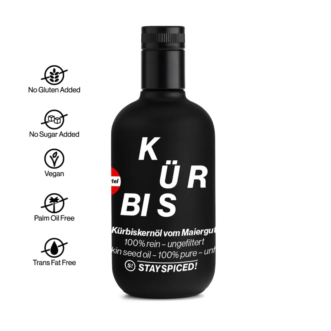 STAY SPICED! Kürbiskernöl vom Maiergut 500 ml – 100% Innviertler Kürbiskerne • ungefiltert & naturrein • intensiv nussig & tiefgrün
