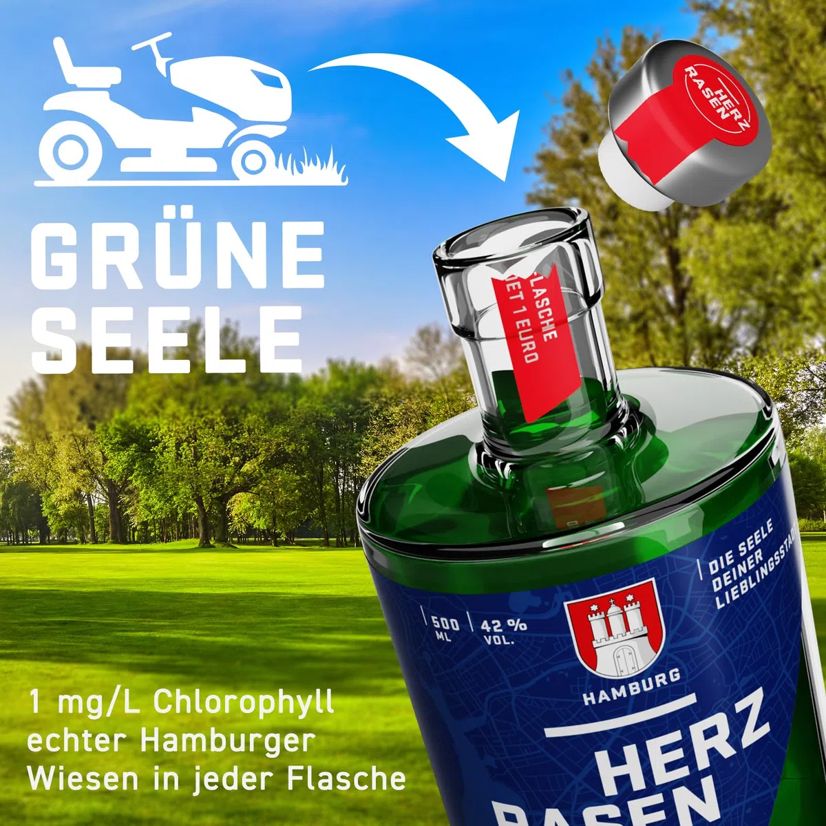 HERZRASEN GIN Hamburg Edition 0,5l | Premium Dry 42% Vol. | Grüner Schnaps mit Hamburger Rasen | zitronig spritzig mit ausgewählten Zutaten I Gin Geschenkset zum Geburtstag