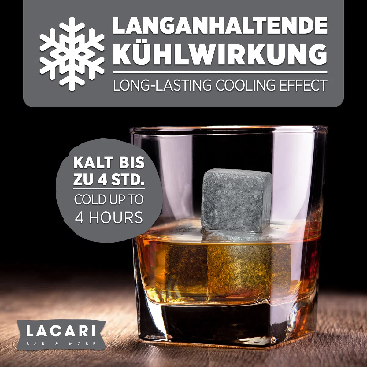 Whisky Steine | 9X Wiederverwendbare Eiswürfel | Lacari ORIGINAL Whiskey Steine | Whisky Geschenkset mit Holzbox, Zange & Stoffbeutel | Kein Verwässern für Whiskey, Rum, Gin | Geschenk Geburtstag