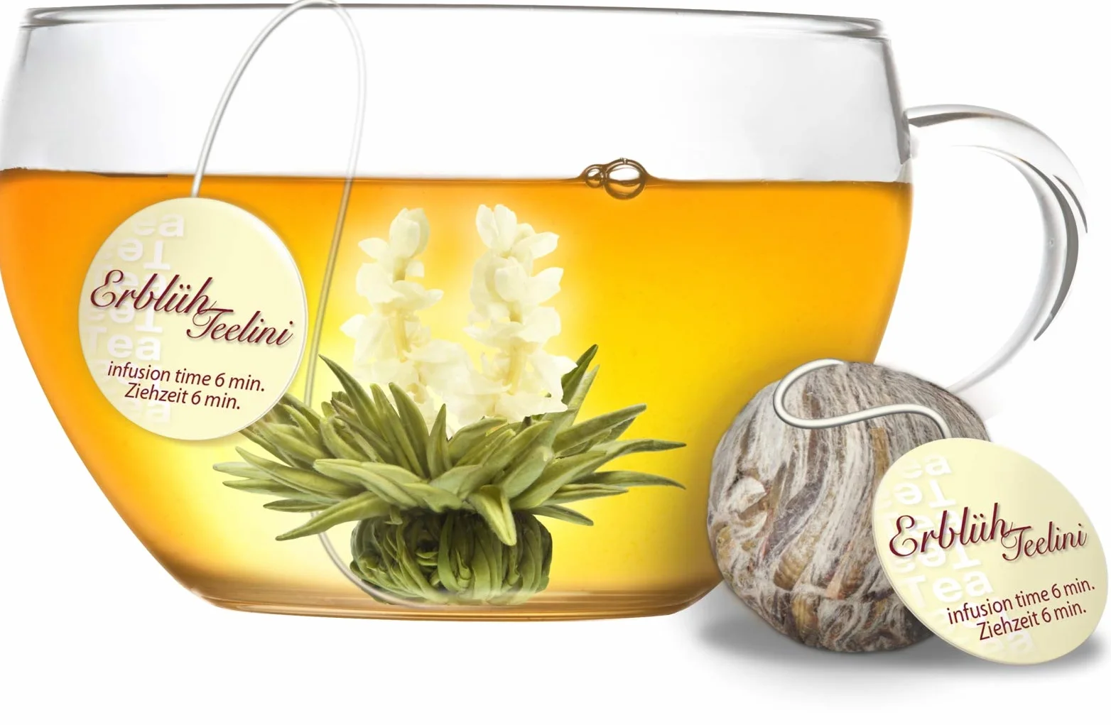 Creano Teelini Teeblumen im Tassenformat, Geschenkset in Teekiste aus Holz, 12 ErblühTeelini in 4 Sorten, Weißer Tee, Geschenk für Frauen, Mutter, Teeliebhaber