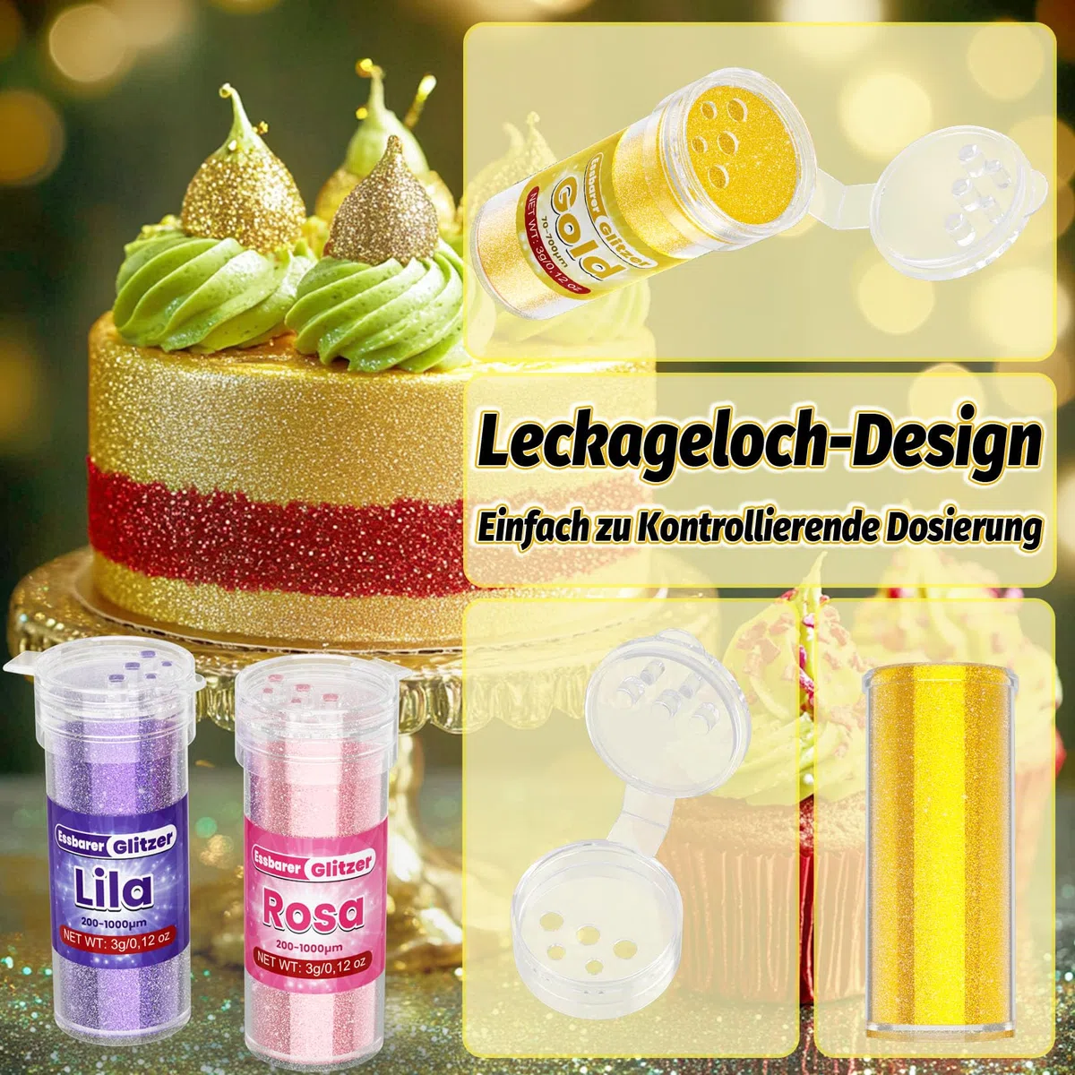 Essbarer Glitzer - 7 Lebendige Lebensmittelfarbe Pulver (je 3g), Geschmacksneutrales Glitzer Essbar, Edible Glitter for Drinks, Glitzerpulver für Kuchen, Macarons, Krapfen, Fondant, Cupcake