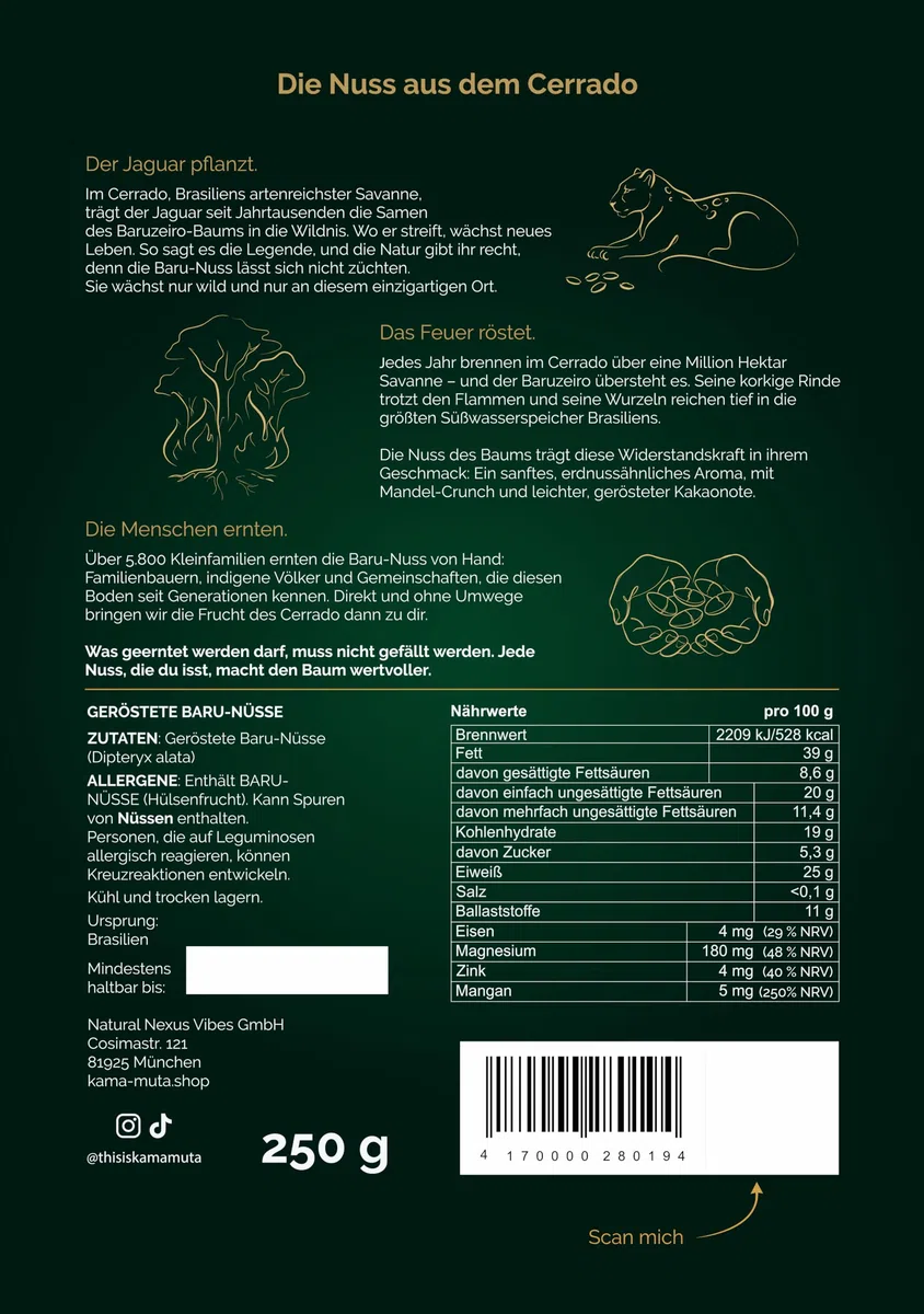 KAMA MUTA Baru-Nüsse 250g – geröstet & ungesalzen – pflanzliche Proteinquelle – reich an Ballaststoffen – wild geerntet im brasilianischen Cerrado